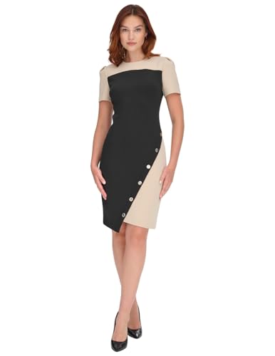 Image of Tommy Hilfiger Women's Short Sleeve Jewel Neck Colorblock Studded Asymmetrical Hem Crepe Mini Dress