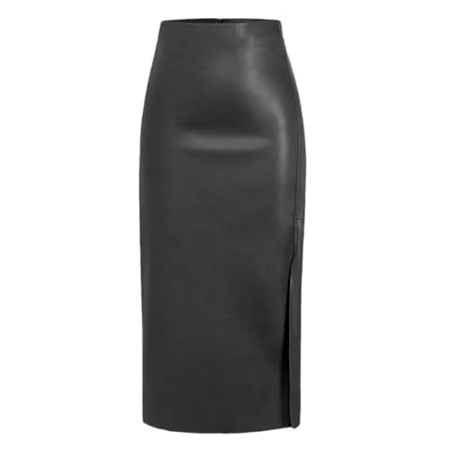 Women Faux Leather High Waist Midi Pencil Skirt with Split Front Business Office Work Slim Fit Skirt