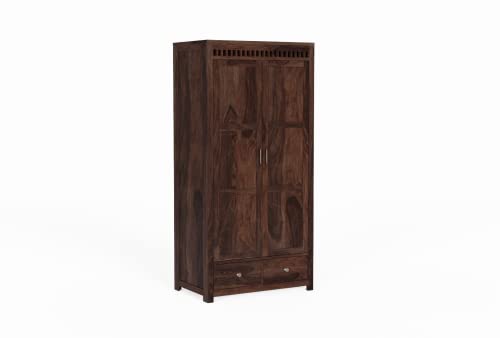 Image of Wooden 2 Door Wardrobe for Bedroom, Almirah with 2 Drawers & Multiple Shelves Storage, Solid Sheesham Wood, Walnut Finish