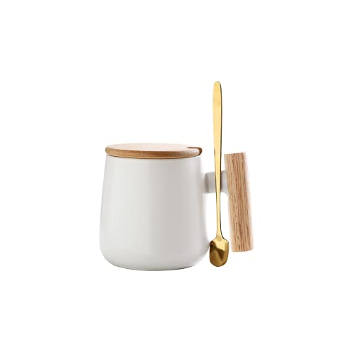 12 Oz Ceramic Coffee Mug with Wooden Lid and Gold Spoon - Milk Tea Cup for Office and Home, Funny Gifts for Lovers and Christmas (White)