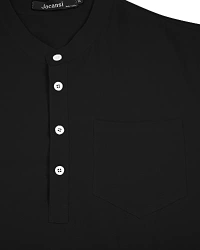 Jacansi Men's Linen Henley Shirts Long Sleeve Hippie Casual Beach T Shirts Black L #TOP2