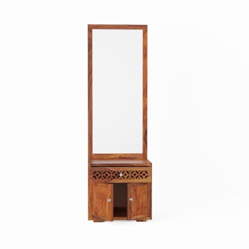 Image of WOODLAB Furniture Solid Sheesham Wood Dressing Table Mirror with Drawer and Cabinet Storage for Bedroom Home | Wooden Dressers for Living Room Hall - Honey Finish