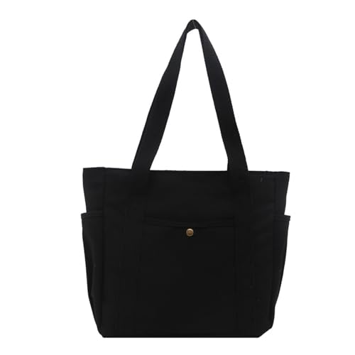 Bolsa de lona com zíper, bolsa de ombro multibolsos bege preta para mulheres, bolsa de mão média para trabalho, Preto 1
