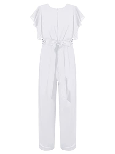 Yizyif Girl's Ruffle Cap Sleeve Long Pants Summer Jumpsuits Belted Wide Leg Casual Birthday Party Romper Ivory 14 Years #TOP1