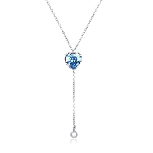 Collier long cristaux de cœur pendentif perles argent 925 bijoux fins femmes