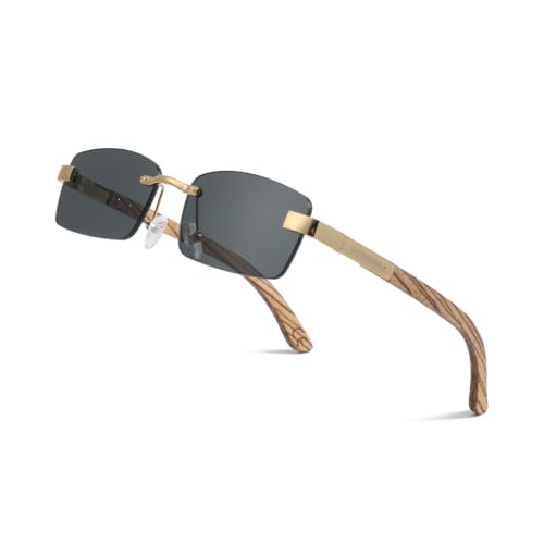 WOODONLY Holz Sonnenbrille ohne Rand - Mode Metallrahmen Sonnenbrille mit Bambus Etui für Herren und Damen Perfekte Geschenke (Zebrano)
