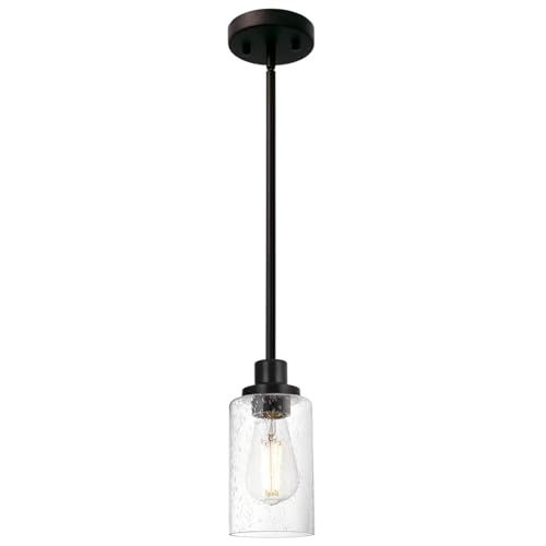 TODOLUZ Black 1-Light Pendant Light with Seeded Glass Shade, Farmhouse Mini Chandelier Ceiling Lighting for Kitchen Island Bar Loft, Hanging Ceiling Lamp E26 Bulb Base