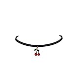 SKEMIX Double Cherry Charm Choker, Black Faux Suede, Enamel Necklace 90s Retro Jewelry