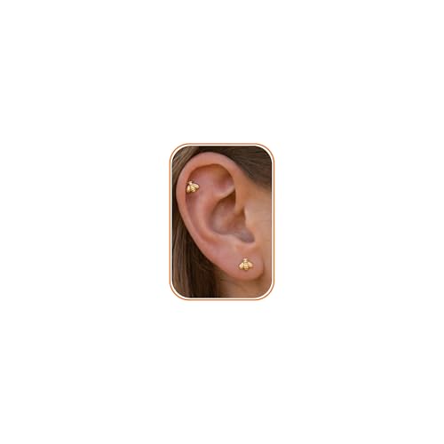 BSGRL Flat Back Earrings - 2pcs 14k Gold Plated Tiny Cute Bee Animal Flat Back Earrings For Women Cartilage Helix Tragus Flatback