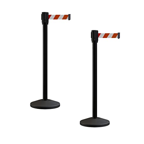 Montour Line M530 Set of 2 Retractable Belt Barrier Stanchion, Sloped Base, Black Powder Coated Post (13 ft Red and White Diagonal Belt)