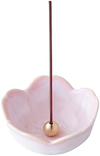 Asayu Japan Mini Sakura Flower Incense Holder for Sticks 4.9 inch (126 mm), Traditional Made in Japan Small Ceramic Ash Catcher & Detachable Brass Incense Burner Stand Set - Cherry Blossom Pink
