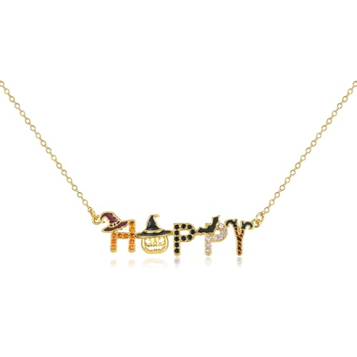 Gold Halloween Charm Necklace 14K Gold Plated Cute Enamel Bat Witch Hat Pumpkin Pendant Necklace HAPPY HALLOWEEN Letter Necklace Adjustable Fun Halloween Costume Party Jewelry Gift for Women Men