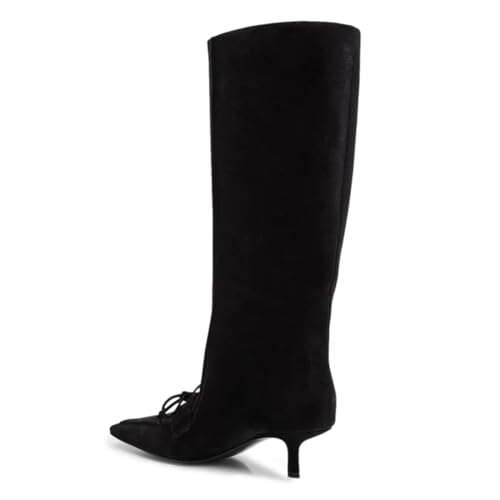 YDN Women Knot Knee High Boots Square Toe Long Booties Kitten Mid Heels Wide Claf Pull On Shoes Party Shopping Prom Daily Size 4-16 US3