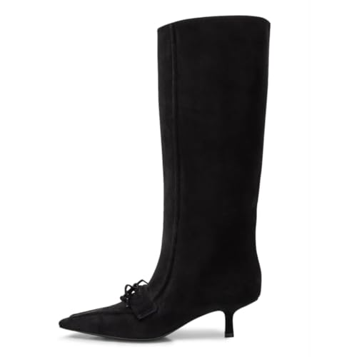 YDN Women Knot Knee High Boots Square Toe Long Booties Kitten Mid Heels Wide Claf Pull On Shoes Party Shopping Prom Daily Size 4-16 US2