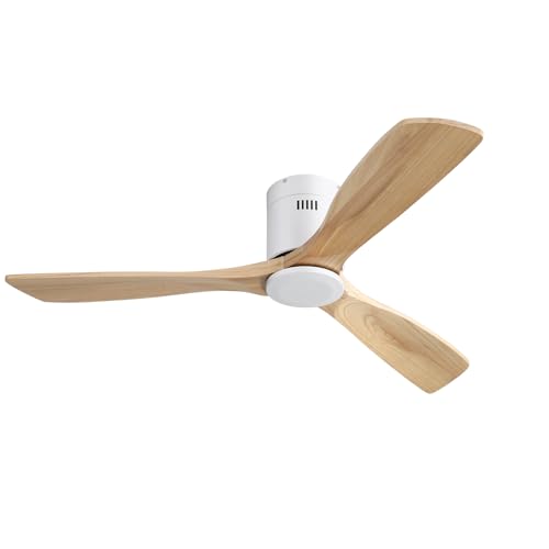 CACI Mall 52 Inch Solid Wood Ceiling Fan without Light, Flush Mount, 3 Blade, Low Profile, Modern, Outdoor/Indoor Ceiling Fans No Light for Bedroom/Farmhouse/Patio