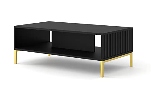 Homlando Table Basse Wave 90 x 60 cm avec façades en MDF fraisées, Table Basse, Table avec étagère, Table d'appoint sur Pieds en métal (Noir Mat)