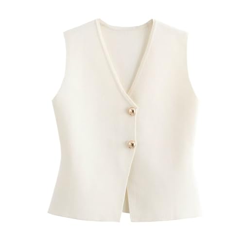 FindThy Women’s Cropped Knit Vest V Neck Button Up Solid Color Sleeveless Gilet Tank Tops(4081-Beige-M-aLB)