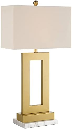 360 Lighting Marshall Modern Table Lamp with White Marble Riser 30″ Tall Champagne Gold Metal Oatmeal Rectangular Box Shade Decor for Bedroom Living Nightstand Bedside Office Kids Room