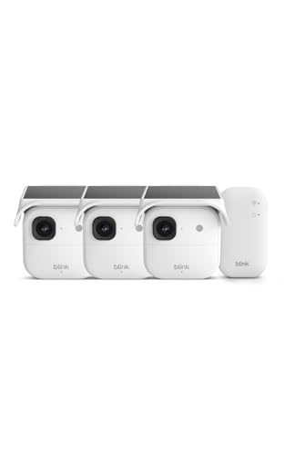 Image of Blink Solaris 2K+ (newest model) - Solar-powered battery smart security camera, wireless fixed solar panel, 2K video, Sync Module Included - 3 camera system (White)
