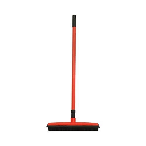 Rubber Bristle Broom with Squeegee Telescopic 48in Handle Electrostatic Carpet Brush for Pet Hair Dust Spills Non Scratch Floor Sweeper for Hard Floors Rugs Red