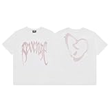 FDTURES 24ss Summer Revie Retro Retro Black Street Personalidad Blanco Y Rojo Corazón Roto Camiseta De Manga Corta De Diamante Caliente Camiseta Suelta-color1||S