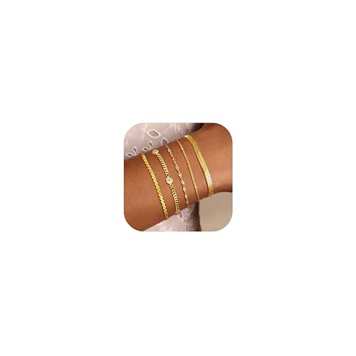 Dochais 5Pcs Gold Bracelet for Women, 18K Gold Plated Stacking Bracelets Rope Cuban Figaro Herringbone Bead Chain Bracelets Adjustable CZ Link Gold Bracelet Set for Women Girls