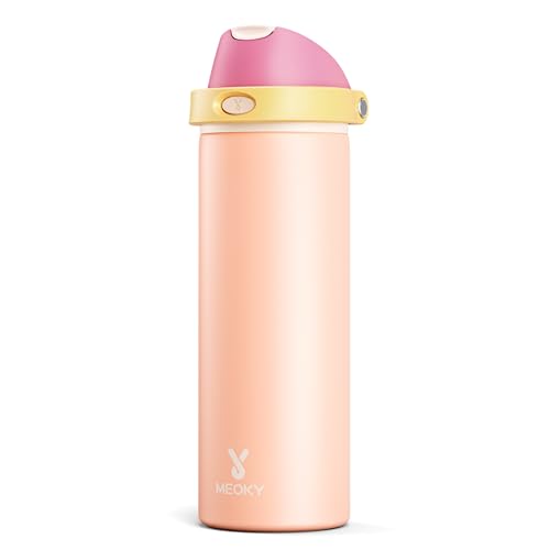 Image of 24 oz Insulated Water Bottle for Women: Meoky Stainless Steel Metal Water Bottle with 2-in-1 Straw and Spout Lid - Leak Proof, Cold for 24 Hours, Protective Silicone Base, BPA-Free for School, Coral