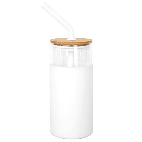 Vaso de vidrio con pajita y tapa 24 onzas, botella de agua de vidrio taza de vidrio con pajita taza de viaje con funda protectora de silicona, tapa de bambú, color blanco Cover