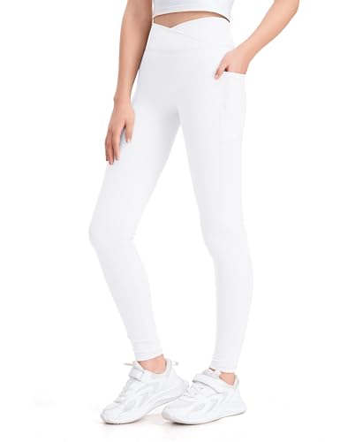 KEREDA Girls Athletic Leggings V Cross Yoga Pants Teen Girls with Pocket for Workout Gym Running Dance White 11-12 Y