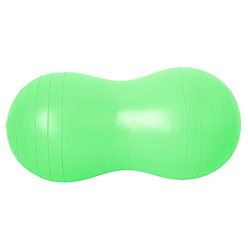 Green peanut-shaped therapy ball sitting on a floor.