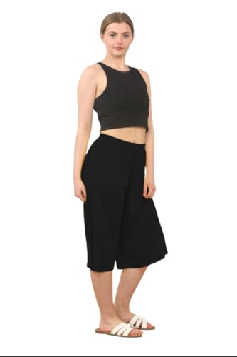 Women's Summer Wide Leg Culottes Stretchy Elasticated Waist Cropped Palazzo Shorts (BLK 4XL) - Image 3