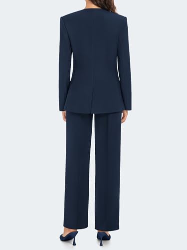 2 Piece Pant Suits for Women Dressy Casual Collarless Blazer Jacket Business Formal Outfits Fall Matching Work Wedding Clothing Set Navy Blue 2XL4
