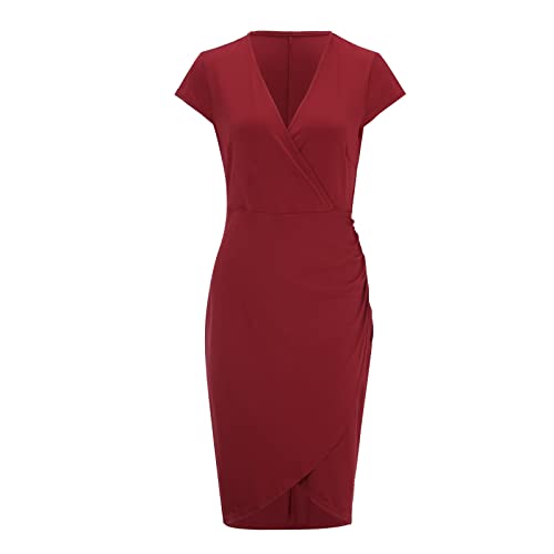 Dress Ruched Work Deep Cap Split Midi Casual Sleeve Party Wrap Women's V Cocktail Neck Women's Casual Dress Female Dress (Red, S) #TOP5