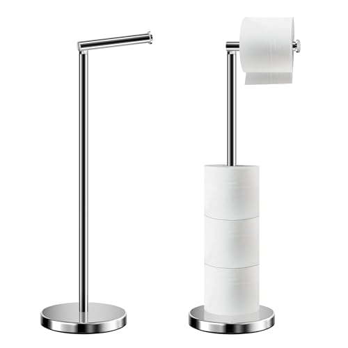 HOMEZI Toilet Roll Holder Free Standing with HEAVY BASE, Premium Toilet Roll Stand, Stainless Steel loo roll holder for Bathroom 2 in 1 Holder and Storage for 5 Rolls - Chrome Finish