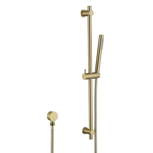 Barra deslizante para ducha ajustable de 28" con cabezal de ducha manual acabado en oro cepillado | Rociador de alta presión — Ajuste fácil de altura y ángulo, incluye codo de suministro de pared y manguera de ducha de 59" miniatura 1