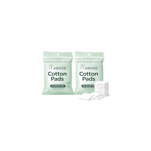 1ABOVE Cotton Pads – 2 Packs of 40 (Total 80), 100% Pure Square Wool Pads for Makeup Removal, Cleansing & Moisturising, Suitable for All Skin Types Including Sensitive Skin