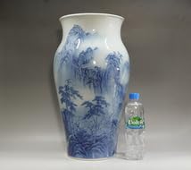 砥部焼 染付山水図花瓶 中元竹山作 花瓶 飾り壷 供箱 L252 砥部焼 染付山水図花瓶 中元竹山作 花瓶 飾り壷 供箱