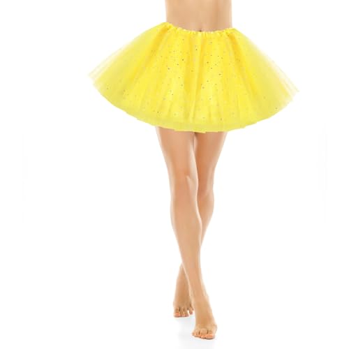 Yolev Tutu Amarillo Mujer con Estrellas de Lentejuelas Tutus de Bailarina de Tul de 3 Capas Falda de Tul de Burbujas Retro de Disfraz de Los 80 Mujer Carnava Cosplay Dia de los Muertos Disfraz