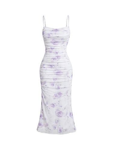 Image of GORGLITTER Women's Floral Ruched Bodycon Midi Dress Mesh Sleeveless Fishtail Cami Dresses