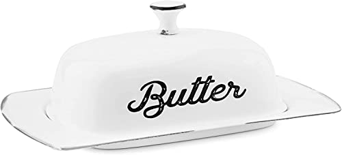 AuldHome Butterdose Farmhouse Weiß Vintage Stil Emaille Butterdose mit Deckel Cover