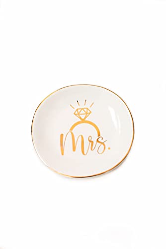 Mrs Jewelry Ring Dish W/ Giftable Box - Cream Colored W/ Gold Foil Trinket Dish - Ceramic Jewelry Tray For Rings, Necklace - Classy & Clean Design Ring Plates - Engagement Gift - Wedding Ring Holder #TOP29