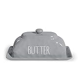 Barnyard Designs Ceramic Butter Dish Tray with Lid Cover, Decorative Covered Butter Container for Refrigerator, Farmhouse Butter Keeper Kitchen Decor, Grey, 8' x 4'