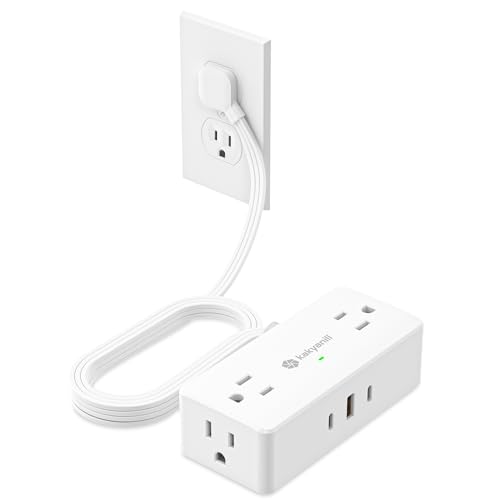 Small Surge Protector Power Strip, Kakyanill 5 ft Flat Extension Cord with 4 Outlets 3 USB Ports (2 USB C), 900 Joules Protection, Suitable for Home Office Dorm Room, White