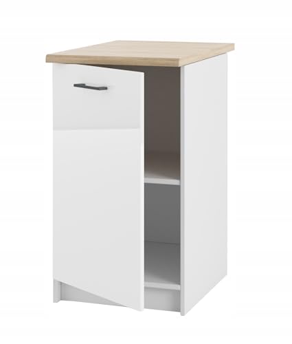 Laclar Unterschrank mit Arbeitsplatte 45 cm - stehende Türenschrank -aus MDF und weiß Acryl Glanz - zum Selbstaufbau, universell -mit der Möglichkeit - die Tür nach Links oder rechts zu öffnen
