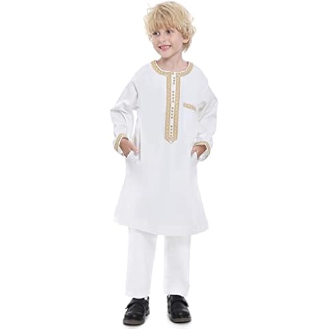 Boy's Muslim Clothing Kaftan Set - Middle East Youth Embroidered Robe Suit Round Neck Islamic Dress Arabic Wear White L Cover