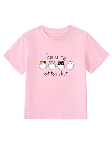 Image of Girl's Cute Cat Graphic T-Shirts Funny Animal Lover Tee Pink