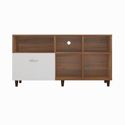 Image of VIKI Modern TV Unit for Living Room | Engineered Wood TV Cabinet with 1 Drawer Storage & 3 Open Shelves,Entertainment Unit, 140W x 74H x 40D cm | DIY | 1 Year Warranty (Walnut & White)