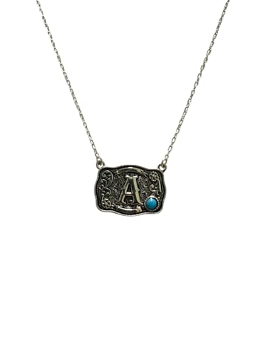 Western Initial Necklace – 925 Sterling Silver Belt Buckle Pendant with Genuine Kingman Turquoise, 19-Inch Chain, Vintage Cowboy Style Personalized Jewelry