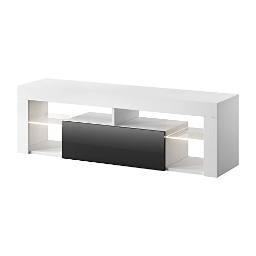 Selsey Meuble Bas TV, Matériau en Bois Verre, Blanc Mat/Noir Brillant, mit LED