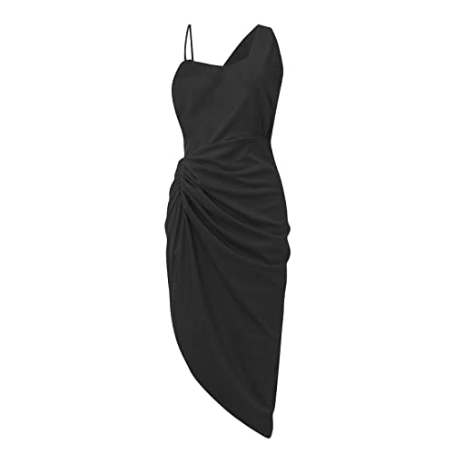 Cocktail Dresses For Women Evening Party,Twist Side Split One Shoulder Corset Elegant Dress For Formal Occasion Prom, Banquet Solid Empire Waist Ruched Bodycon Wrap Dress(Black,Large) #TOP2